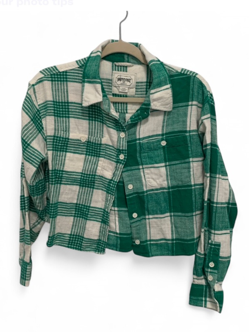 Green & White Plaid Crop Shirt - Kids